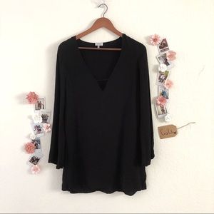 Black V-Neck Shift Dress with Bell Sleeves